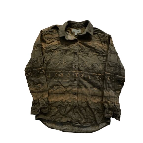Cabela’s Horse Aztec Brown Beige Tones Print Chamois Flannel S Button Up Shirt - Picture 1 of 7